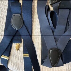 SUSPENDER'S men (2) NAVY 1.25" Leather crosspieces -one Yback/one X - gold clips